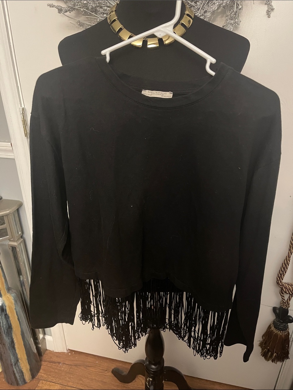 Zara Black Fringed Hem Long Sleeve Sweatshirt